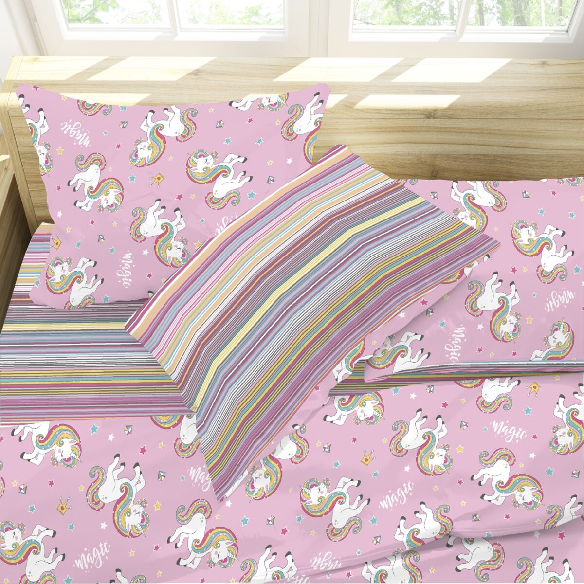 Set di lenzuola con unicorno arcobaleno per bambini e